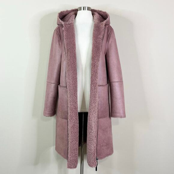 NEW DKNY | Mauve Pink Hooded Faux Shearling Long Zip Winter Coat Jacket XL NWOT - Picture 12 of 13